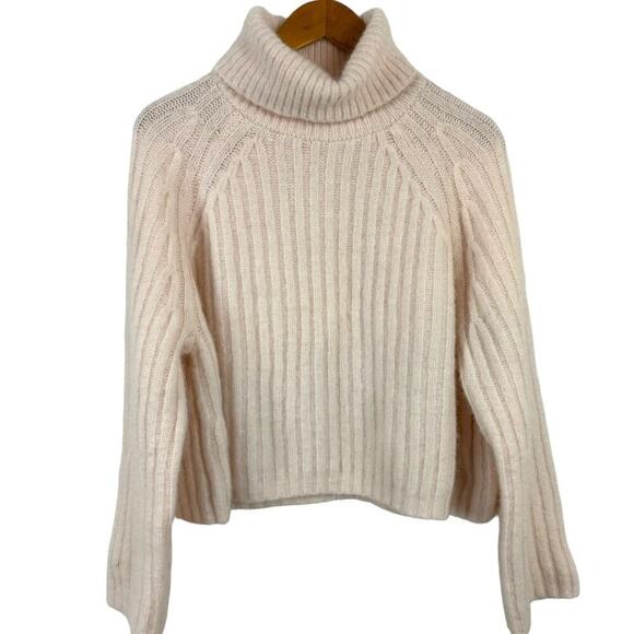Zara Cream Light Pink Wool Alpaca Blend Ribbed Knit Turtleneck Sweater Medium - Picture 2 of 16